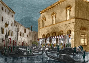 Gondoleros esperando a los espectadores fuera del Teatro La Fenice, Venecia, Italia, de Le Monde Illustré n°564, 1868