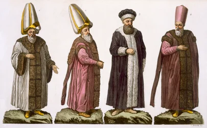 Gran visir, Caim-Mecam, Reis-Efendi y Khodjakian, lámina 15 de la Parte III, Volumen I de La historia de las naciones, grabada por C. Botticella