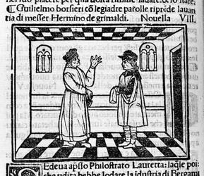 Grimaldi el tacaño Erminio enfrenta a Guglielmo Borsiere, quien intenta sacarle dinero con palabras finas. Ilustración para la novela 61 (Novela 8 del primer día) del “Decamerón” de Giovanni Boccaccio (1313-1375), escritor italiano. Grabado