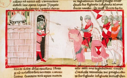Los güelfos bloquean a los gibelinos para que no reingresen a la ciudad, miniatura de la Cronica (Crónicas) de Giovanni Villani, manuscrito, Italia siglo XIV