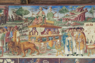 Sala de los meses, muro norte: "Julio" con el triunfo de Júpiter y Cibeles, c.1468-70 (fresco)