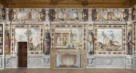 Sala del Zodiaco: Dioses castigando a los hombres y figuras masculinas representando los meses del año