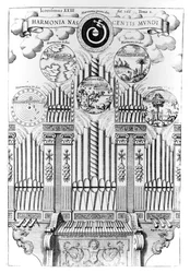 Armonía del nacimiento del mundo (Harmonia Nascentis Mundi), ilustración de Musurgia Universalis, Vol.2, fol.366, por Athanasius Kircher, publicada en Roma, 1650