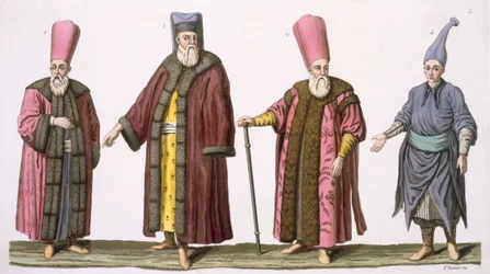 Ujier principal del harén, capitán de los ujieres del harén, ujier del harén y paje, lámina 3 de la Parte III, Volumen I de La historia de las naciones, grabada por V. Raineri