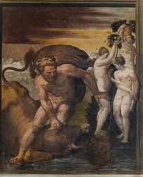 Hércules matando al toro cretense, del Salón Amarillo, Rocca Meli Lupi, Soragna, Parma