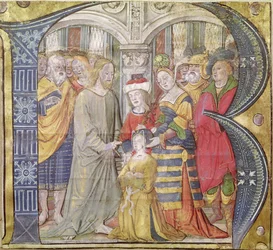 Inicial historiada B que representa a Cristo sanando a una mujer poseída