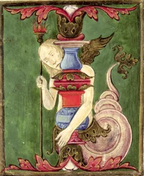Inicial historiada "I" que representa una sirena alada (vitela)