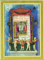 La inicial "P" historiada representa la Crucifixión, página de un Libro de Horas (vitela)
