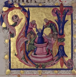 Inicial historiada "U" que representa a José sacado del pozo por sus hermanos, Escuela Toscana (vitela)