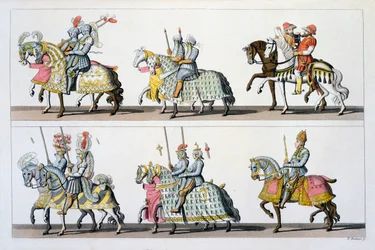 Sacro Imperio Romano: Participantes en un torneo en el Castillo de Luxemburgo en la época de Maximiliano I, de Costumi dei Romani, Svizzeri...