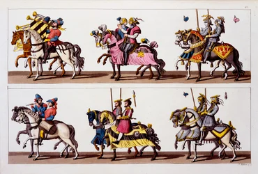 Sacro Imperio Romano: Participantes en un torneo en el Castillo de Luxemburgo en la época de Maximiliano I, de Costumi dei Romani, Svizzeri...