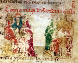 Cómo nació la discordia en la Iglesia de Roma: el Cisma entre 1378 y 1417. Manuscrito del siglo XIV en las «Croniche del Sercambi». Archivo Estatal, Lucca.