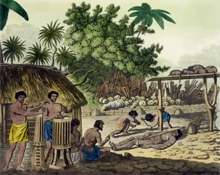 Sacrificio humano en Otaheite, lámina 84 de Le Costume Ancien et Moderne, por Jules Ferrario, publicada c.1820s-30s