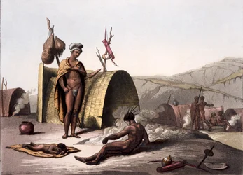 Cabañas y forma de vida campestre de los bosquimanos, de Costumi dei...