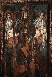 Icono de la Virgen de Clemencia o Madonna Theotokos Pintura a la encáustica y témpera siglo VIII Iglesia de Santa María en Trastevere