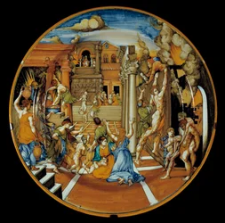Ilíada de Homero: plato de loza que representa el incendio de Troya. realizado en Faenza. 1525-1530.