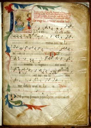 Partitura iluminada de cantos ambrosianos por Messale di Antonio da Vumate