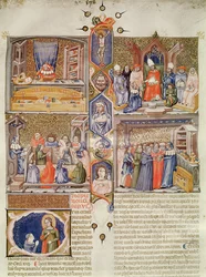 Iluminación dividida en cuatro escenas: Un jurista en su mesa; Un papa recibiendo un libro; Una lección en una facultad de derecho; Una librería, con una capital historiada con Santa Catalina y un Or