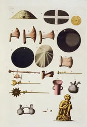 Herramientas y artefactos incas, Perú, de Le Costume Ancien et Moderne, Volumen II, lámina 22, por Jules Ferrario, publicado c.1820s-30s