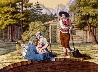 Habitantes de los Alpes austríacos haciendo una granja, de Costumi dei Romani, Svizzeri.. c.1800-18