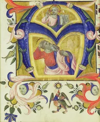 Inicial A que representa a Jesucristo y un santo, principios del siglo XIV