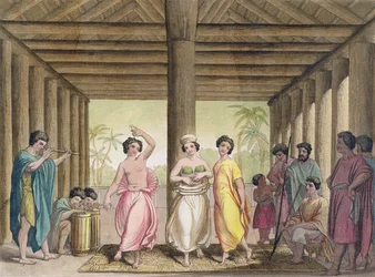 Interior de una casa tahitiana con bailarinas, ilustración de una colección de libros de viajes de principios del siglo XIX