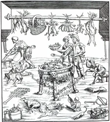 Interior de una cocina italiana, después de un grabado en Banchetti compositioni di Vivende de Christoforo di Messisburgo, publicado en 1549