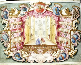 Interior del Teatro de la Sala en Bolonia en 1722. Impresión de la época. Archivio di Stato, Bolonia