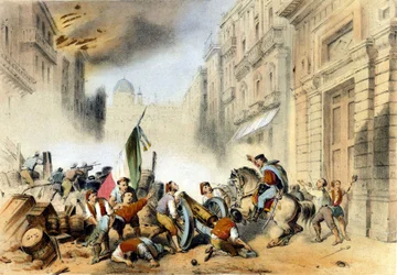 Unificación italiana: el 26/05/1860, Giuseppe Garibaldi, al frente de sus Camisas Rojas, los Mil, entró en Palermo en Sicilia y asestó un golpe decisivo al reino de los Borbones de Nápoles. Grabado del siglo XIX