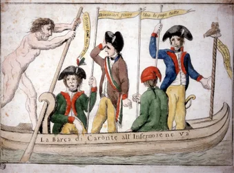 Caricatura italiana sobre Napoleón Caron llevando a Napoleón al infierno en su barco