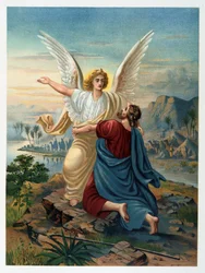 La lucha de Jacob con el ángel en “Aurea Bibbia classica: historia de la revelación divina en el Antiguo y Nuevo Testamento” de Giovanni Ladislao Sykora (vol. 1), traducido por Don Clemente Benetti. (Biblia italiana)