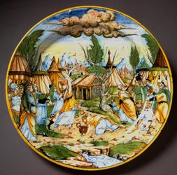 Judíos en el desierto (o la recuperación del maná). Dios alimenta a los israelitas que morirían de hambre con huevos de codorniz y maná. Plato de cerámica producido en Urbino en el taller Fontana, Italia. Alrededor de 1560 Florencia, Museo Nacional del Bar