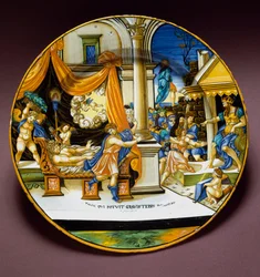 José y la mujer de Putifar. José huye de la mujer de Putifar, que intenta seducirlo. Plato de cerámica producido en Urbino, Italia. Hacia 1537. Museo Nacional del Bargello, Florencia