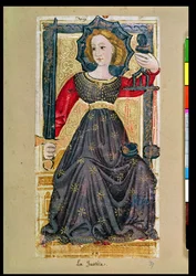 Justicia, carta de tarot de la baraja "Carlos VI" o "Gringonneur" (carta pintada a mano)
