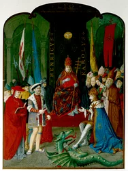 El rey Enrique VIII en disputa con el emperador Carlos V ante el Papa León X. Enrique sostiene un rollo, que puede ser la bula de 1521 que le otorga el título de 