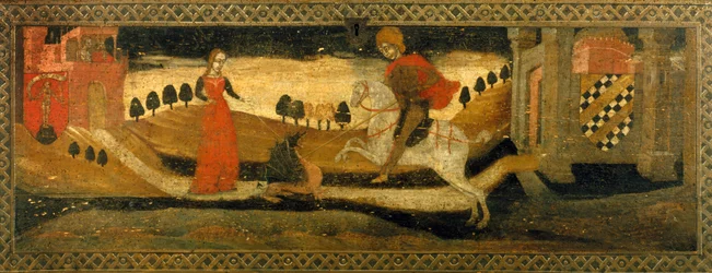 Caballero matando a un dragón en presencia de una princesa.