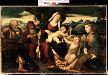 ""La Sagrada Familia con Juan Bautista"" (La Sagrada Familia con Juan Bautista) Con ellos están representados Santa Catalina de Alejandría y San Jerónimo. Pintura de la escuela italiana de finales del siglo XVI. Museo de Arte Mikhail Kroshitsky, Sevastop