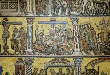 Lamentación sobre el Cristo muerto de la quinta zona de la cúpula, Escuela Florentina o Veneciana (mosaico)