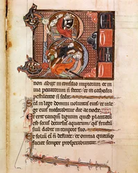 Letra B decorada con la representación del Rey David tocando el salterio y que adorna a Goliat. Página del manuscrito 