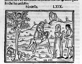Lidia, una esposa adúltera, es sorprendida por su esposo en los brazos de Pirro. Ilustración para la noticia 69 (Nueva 9 del séptimo día) del 