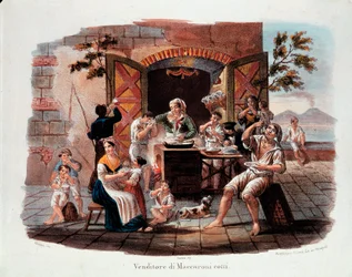 Pequeño oficio napolitano: un vendedor de macarrones cocidos. A lo lejos, el Vesubio sobre la bahía de Nápoles. Litografía del siglo XIX. Museo Nazionale delle Paste Alimentari, Fondazione Agnesi, Roma