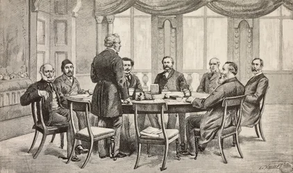 Conferencia de Londres sobre Egipto, Reino Unido: Conde Munster, Musurus Pasha, Granville (de pie), Conde Nigra, Waddington, De Staal, Childers, Conde Karolyi, grabado del dibujo de Edoardo Ximenes, de L