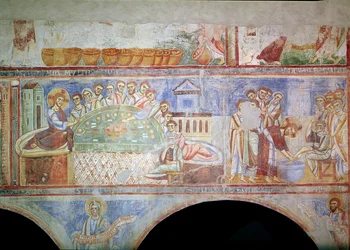 De izquierda a derecha: La Última Cena y Cristo lavando los pies a los discípulos, de la nave central, Escuela de Monte Cassino