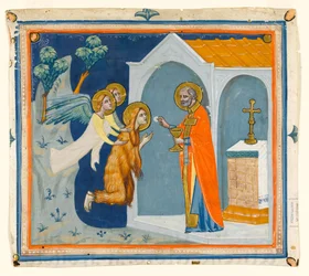 MS McClean folio 201.4 r Santa María Magdalena, en el desierto alrededor de Aix, siendo llevada por ángeles a San Maximino, quien le administra su última comunión, c.1330