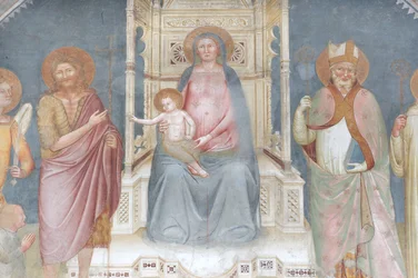 Madonna y Niño, Ángel Gabriel, San Juan Bautista, San Ambrosio, San Bernardo
