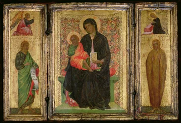 Madonna y Niño en el Trono con (I-D) San Juan Bautista con el Ángel de la Anunciación arriba y Santa María Magdalena con la Virgen Anunciada arriba, c.1360-70