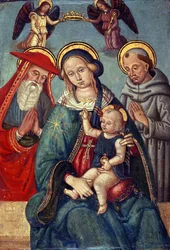 Madonna y el Niño siendo coronados por dos ángeles, con San Jerónimo y San Francisco, c.1500