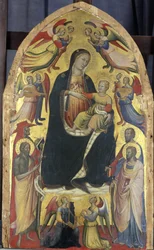 Virgen con el Niño en un trono de nubes con santos y ángeles, c.1415-20 (temple sobre madera de álamo)