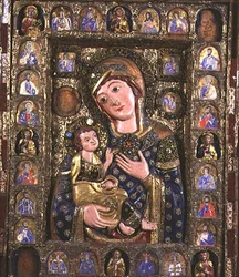 Madonna y niño con evangelistas y profetas, panel central del tríptico (detalle)