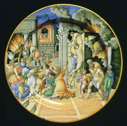 Placa de mayólica que representa el incendio de Troya con Eneas cargando a su padre Anquises a la espalda y su hijo Ascanio a su lado, italiana.